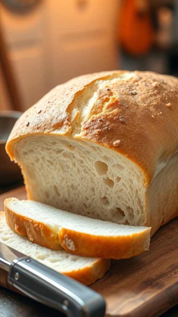 A golden-brown loaf of sourdough yeast sandwich bread sliced to show its fluffy interior, on a wooden cutting board.
